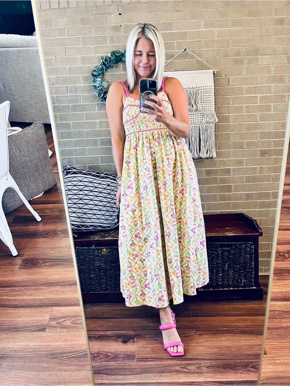 Yellow Floral Midi Dress with Pink Trim